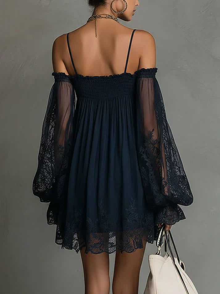 Short Chiffon Dress with Off-the-Shoulder Neckline, Lace Details and Sheer Sleeves