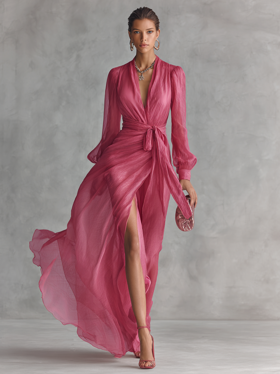 Pink chiffon V-neck dress