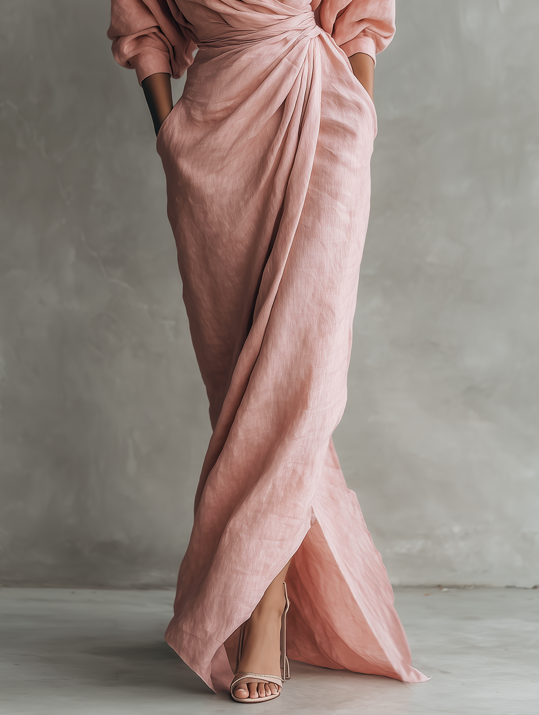 Pink linen V-neck maxi dress