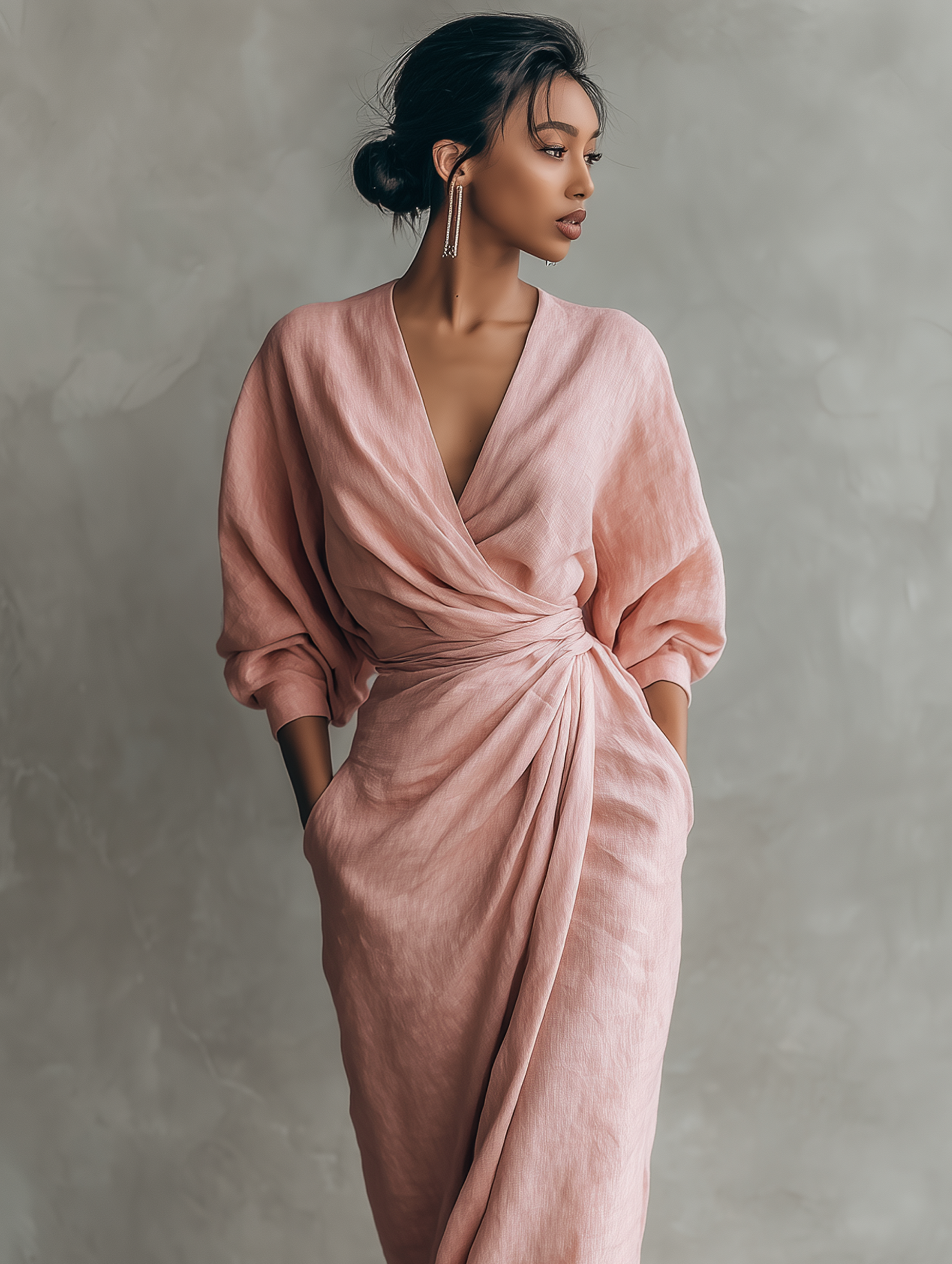 Taylor – Maxi minimalist dress in pink with a V-neck, made from a linen blend for women