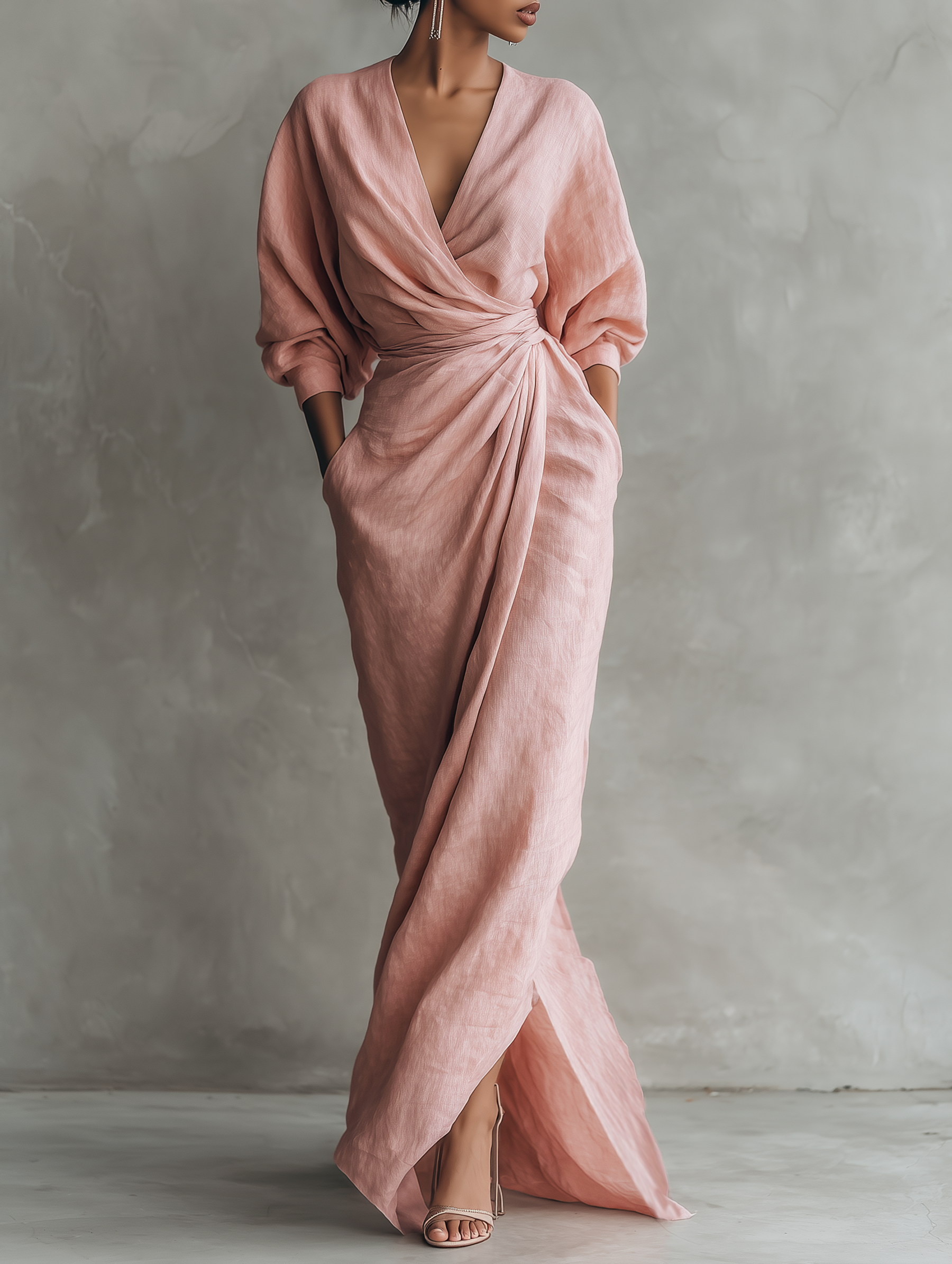 Pink linen V-neck maxi dress