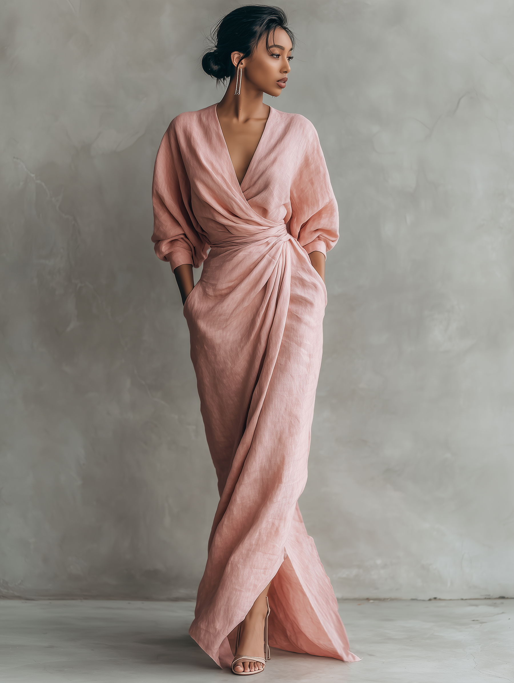 Pink linen V-neck maxi dress