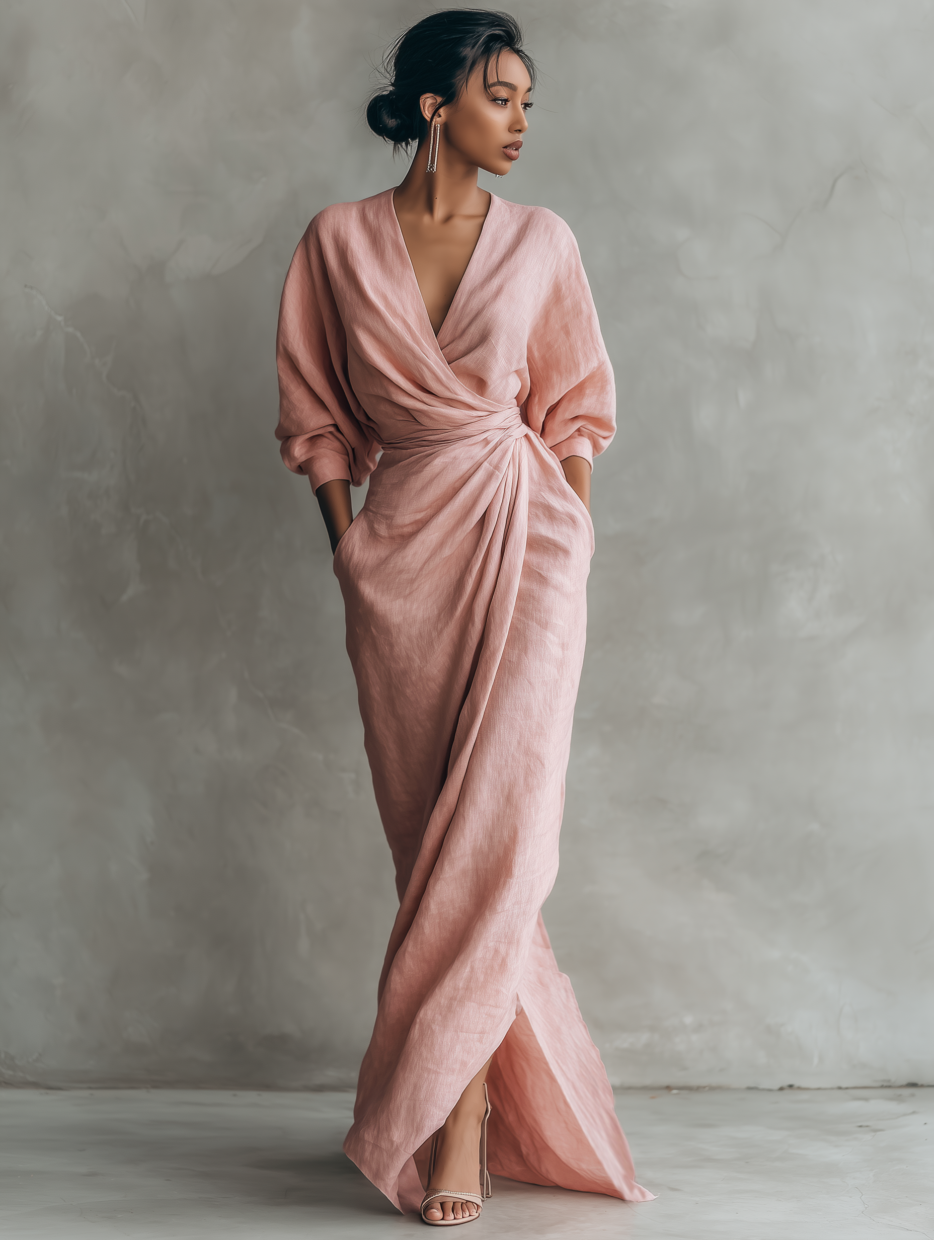 Pink linen V-neck maxi dress