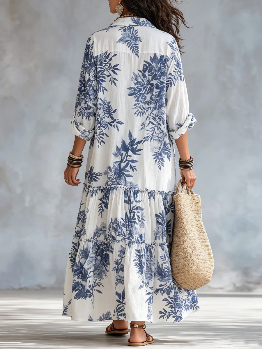 Olivia™ | Bohemian Blue Floral Button-Down Tiered Maxi Dress