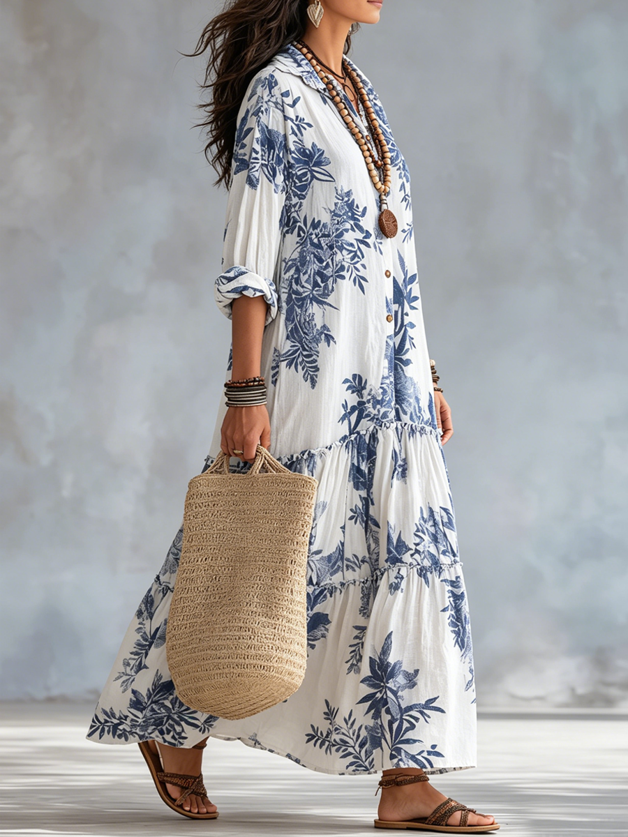 Olivia™ | Bohemian Blue Floral Button-Down Tiered Maxi Dress