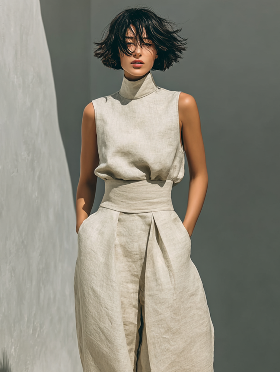 Women's minimalist set in  with sleeveless blouse and wide-leg pants