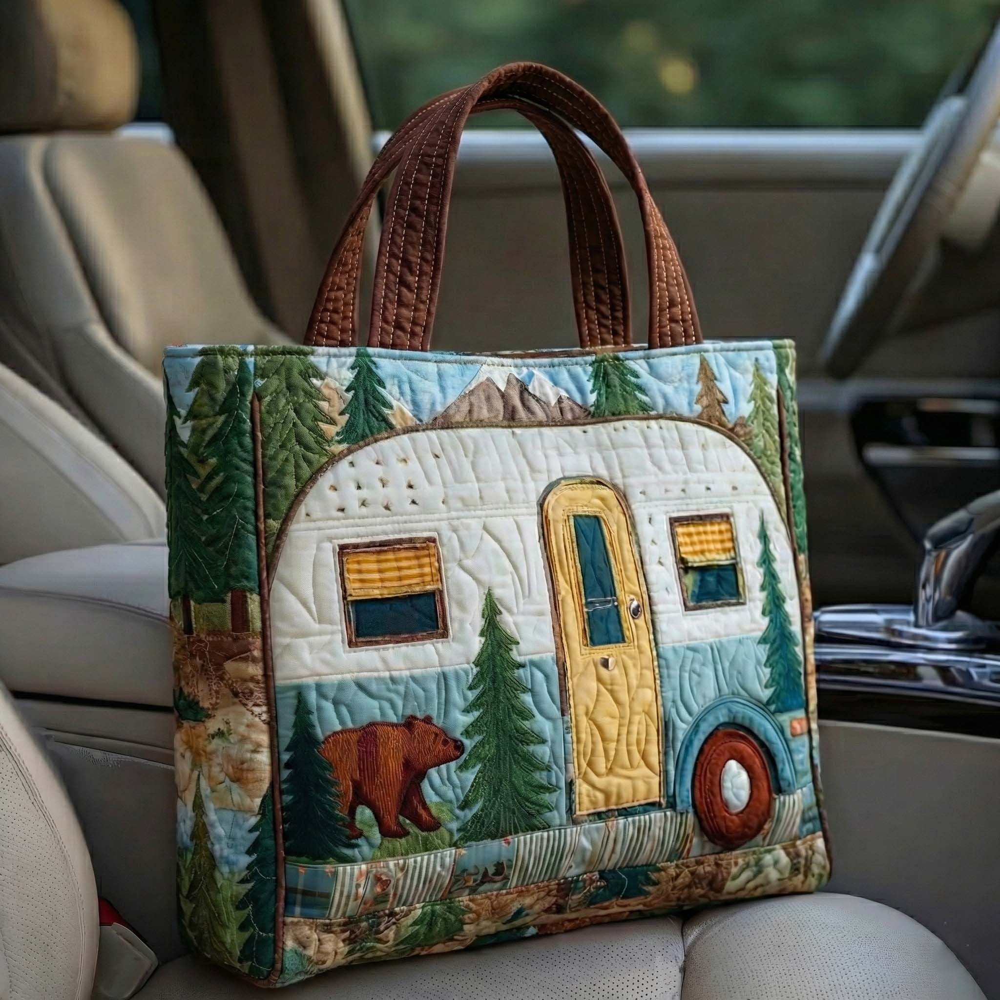 Vintage Camper Bear Quilted Tote Bag