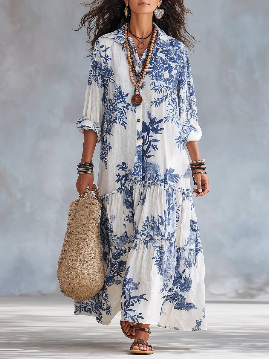 Olivia™ | Bohemian Blue Floral Button-Down Tiered Maxi Dress