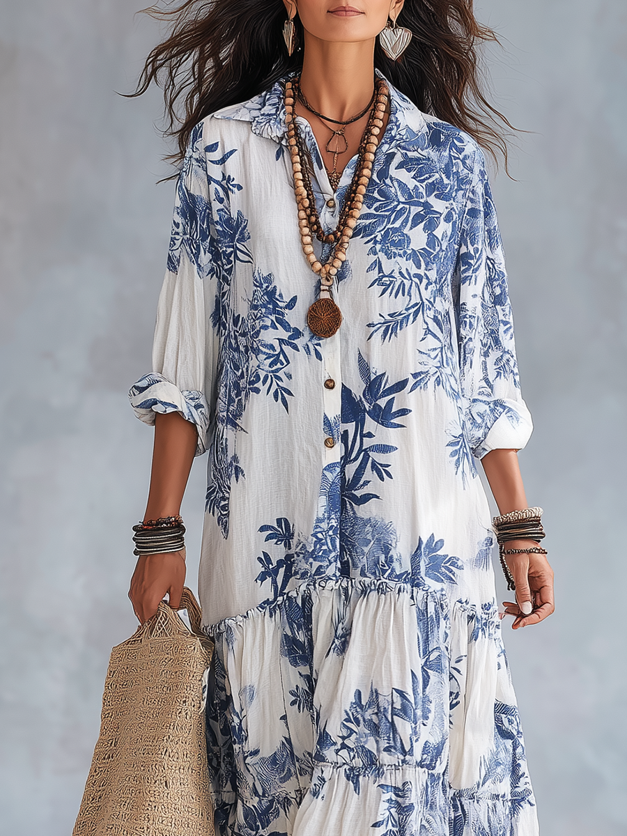 Olivia™ | Bohemian Blue Floral Button-Down Tiered Maxi Dress