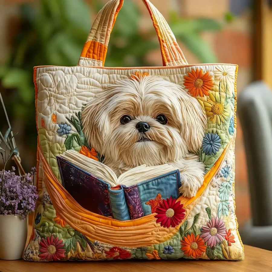 Handcrafted Bag - Shih Tzu with Books and Flowers