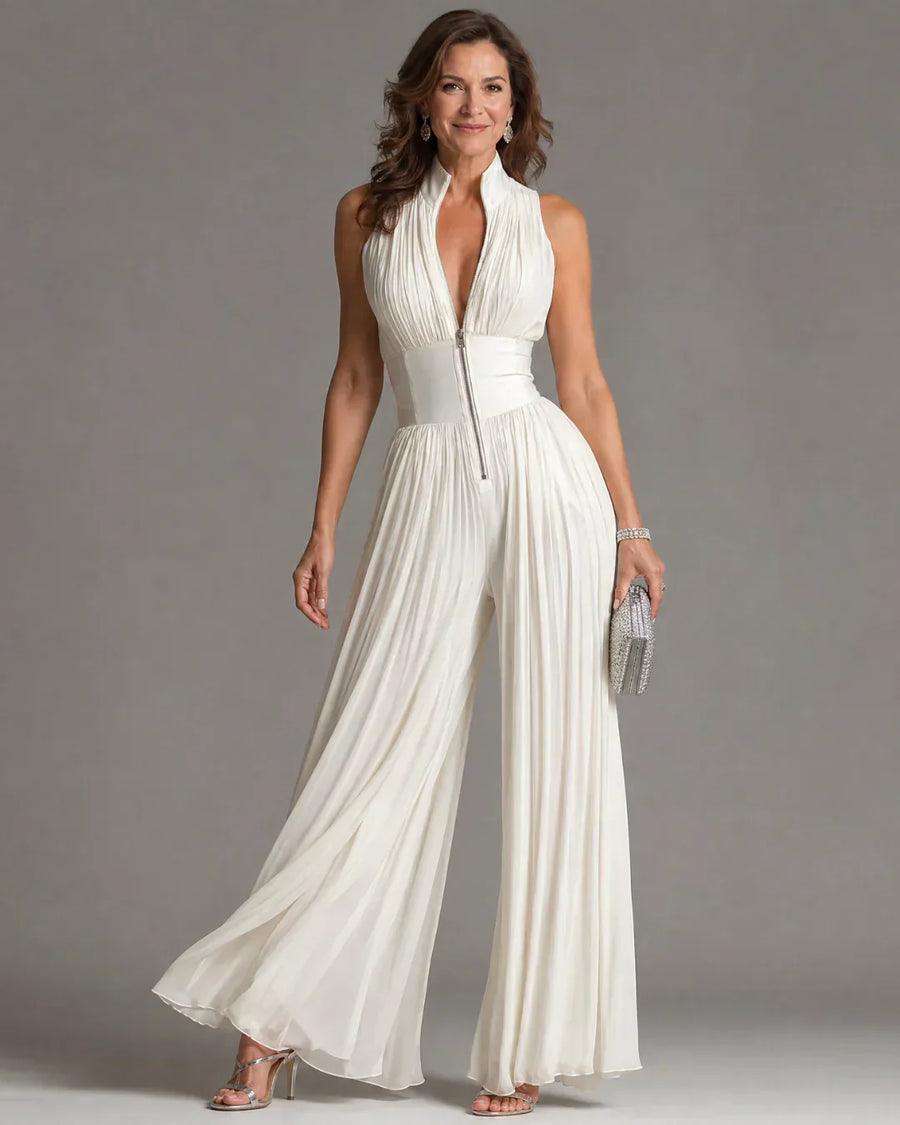 White Sleeveless Chiffon Jumpsuit with V-Neck, Zip Fastening and Pleated Wide-Leg Trousers