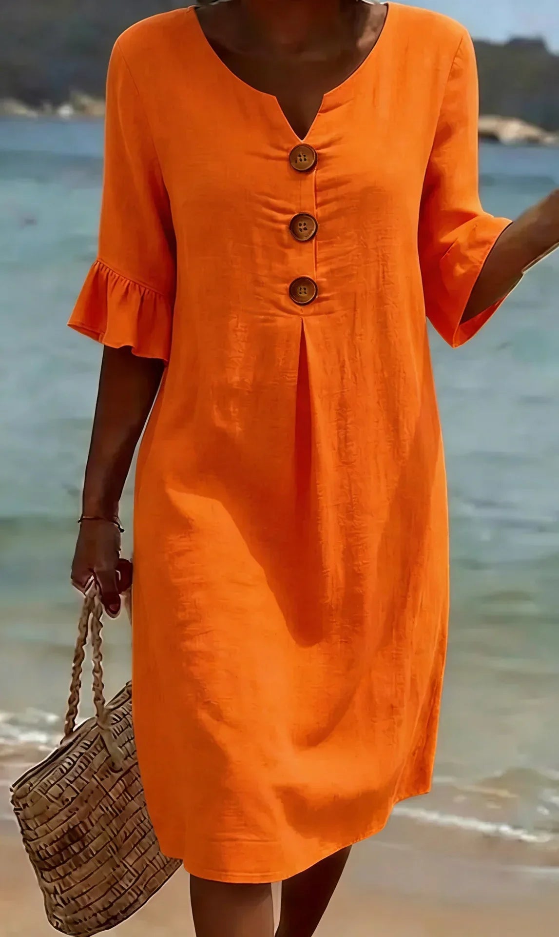 Vanesa™ – Linen-textured dress with puff sleeves and buttons