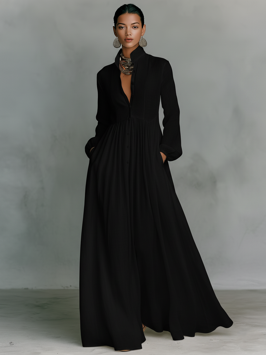 Patchwork linen stand-collar maxi dress