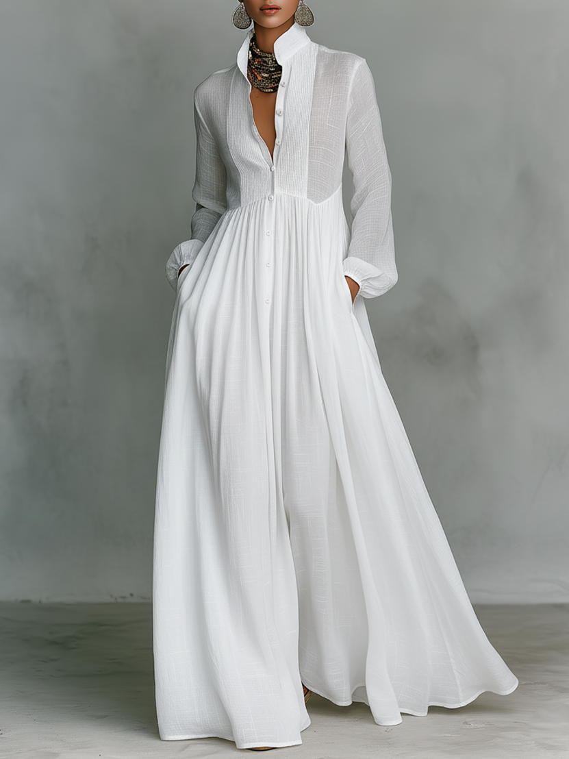 Patchwork linen stand-collar maxi dress