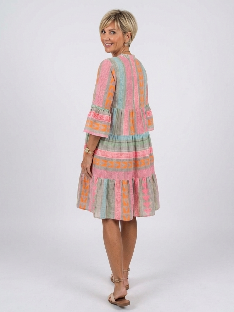 Maelle | Geometric Print V-Neck Tiered Knee-Length Dress