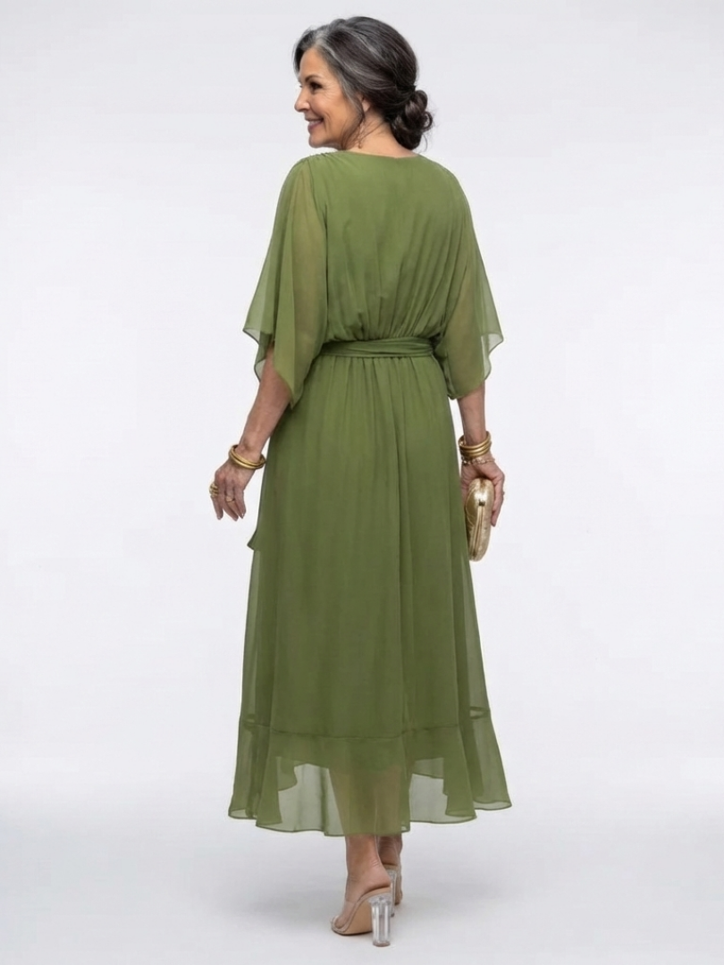 Elysia | V-Neck Draped Waist Tie Midi Dress