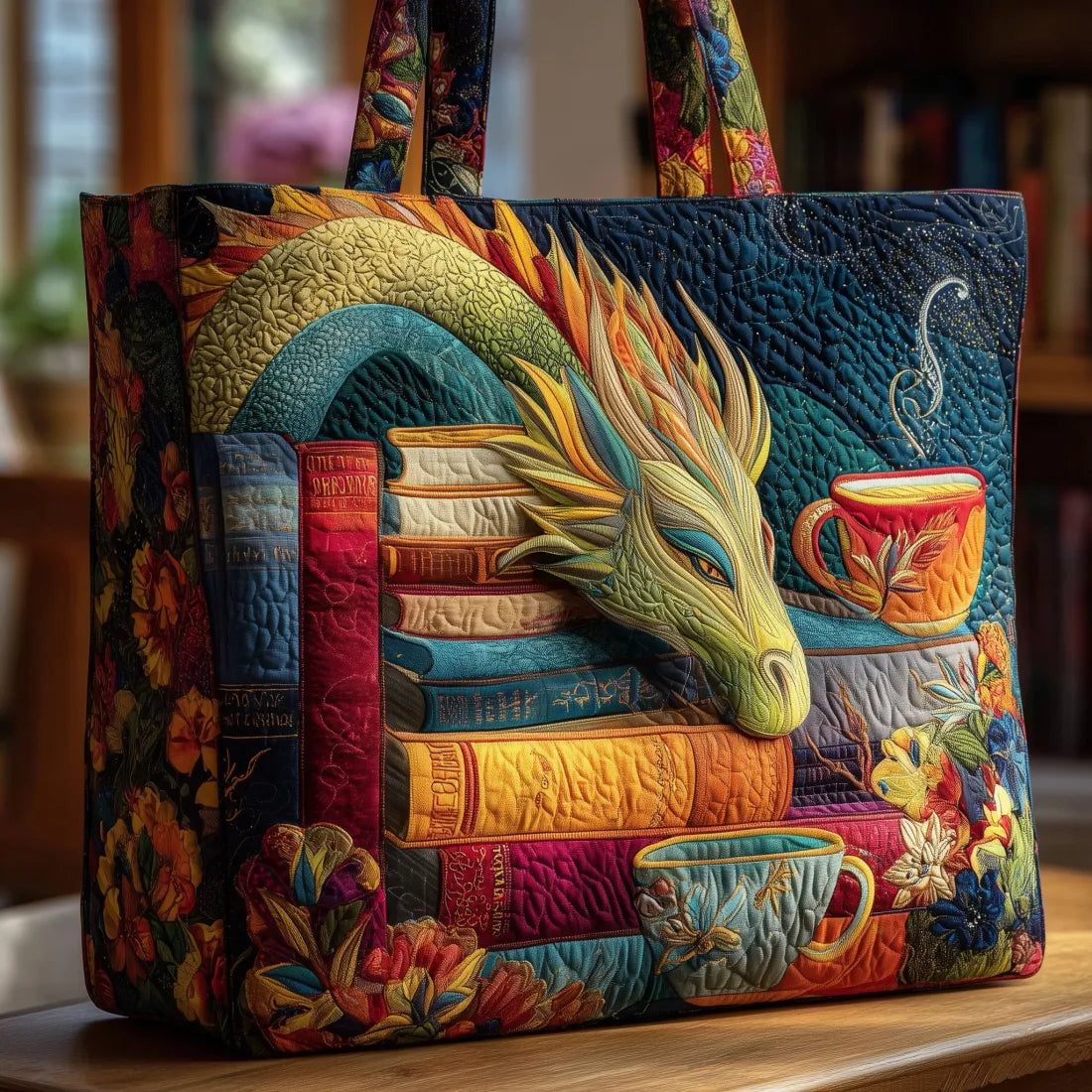 Handcrafted Bag - Reading Dragon with Books and Mugs