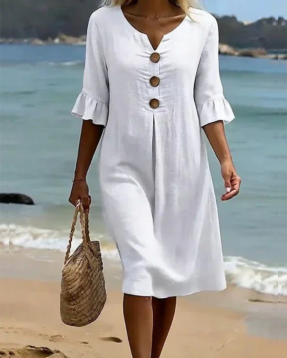 Vanesa™ – Linen-textured dress with puff sleeves and buttons