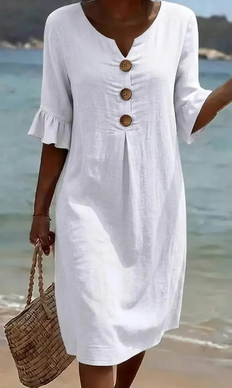 Vanesa™ – Linen-textured dress with puff sleeves and buttons