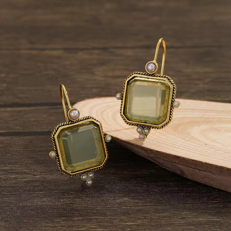 Theatre Vintage Earrings with Green Stone and Pearls