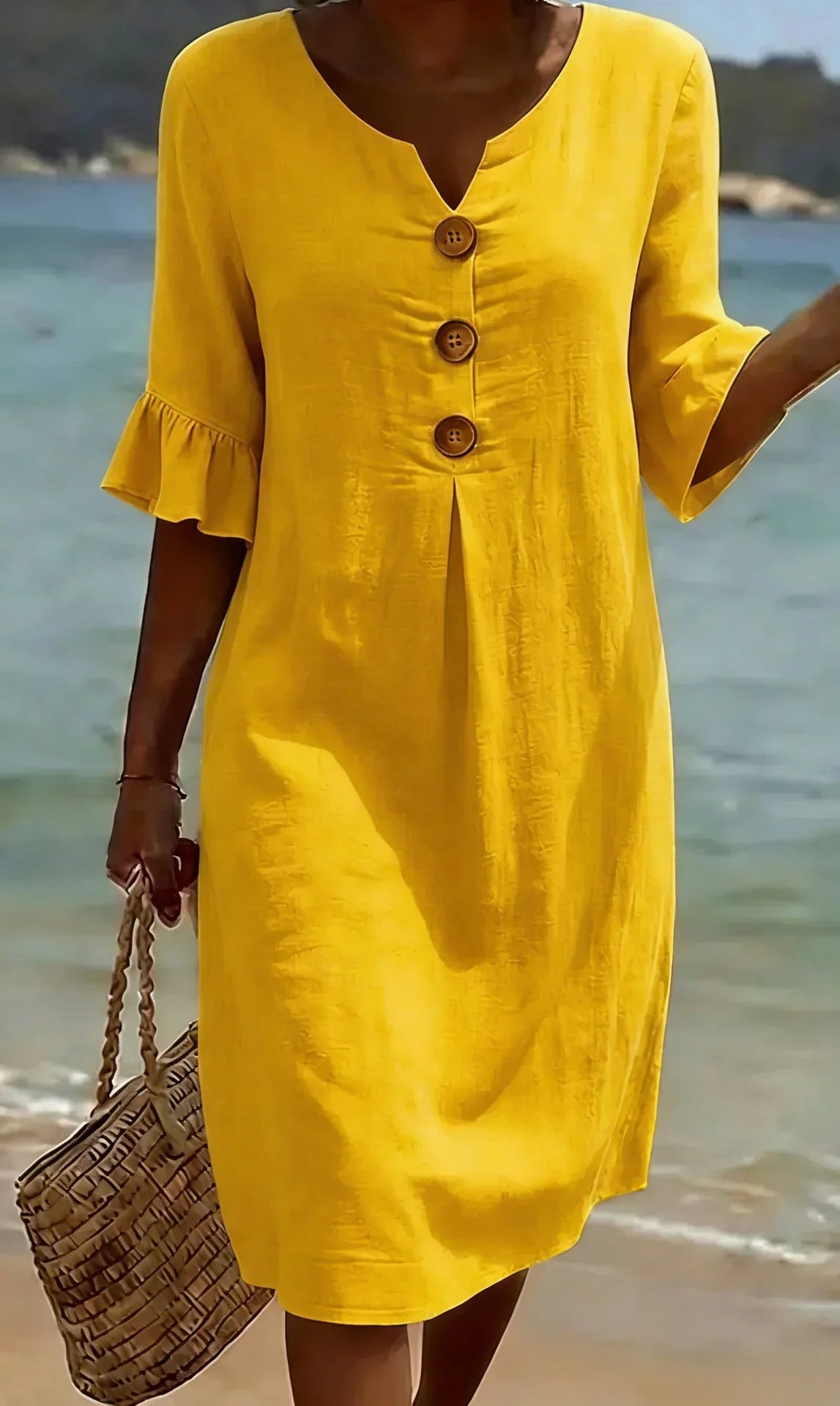 Vanesa™ – Linen-textured dress with puff sleeves and buttons