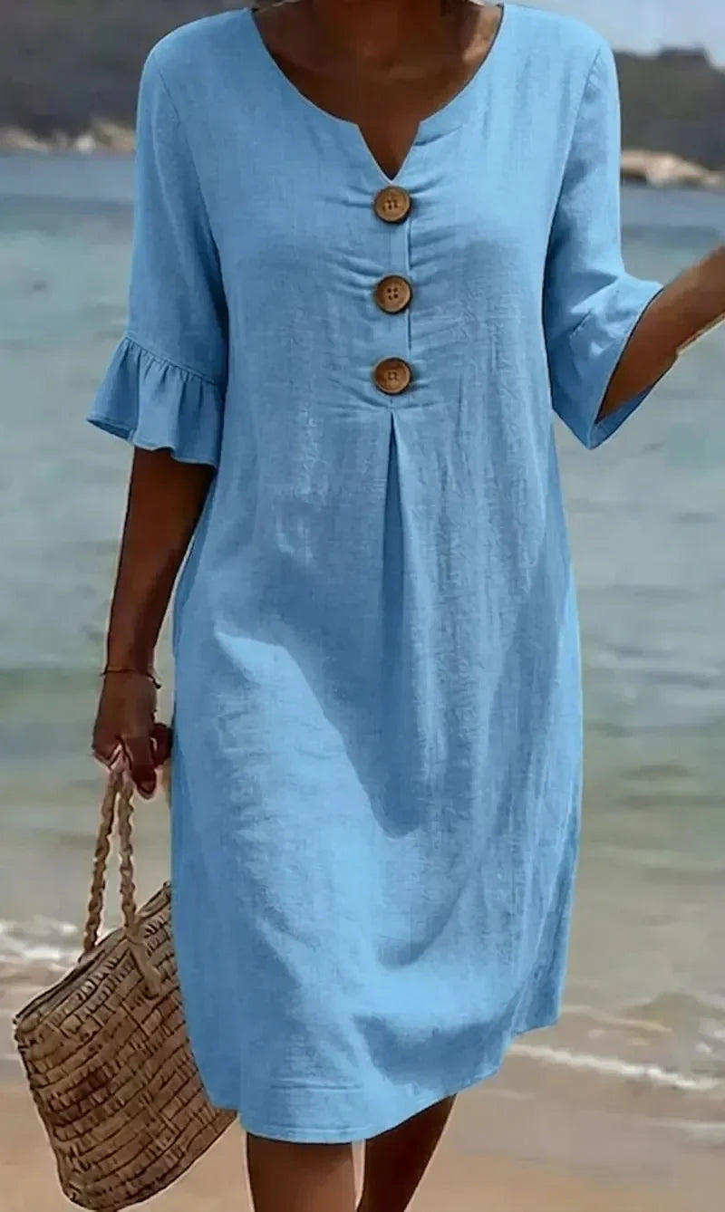 Vanesa™ – Linen-textured dress with puff sleeves and buttons