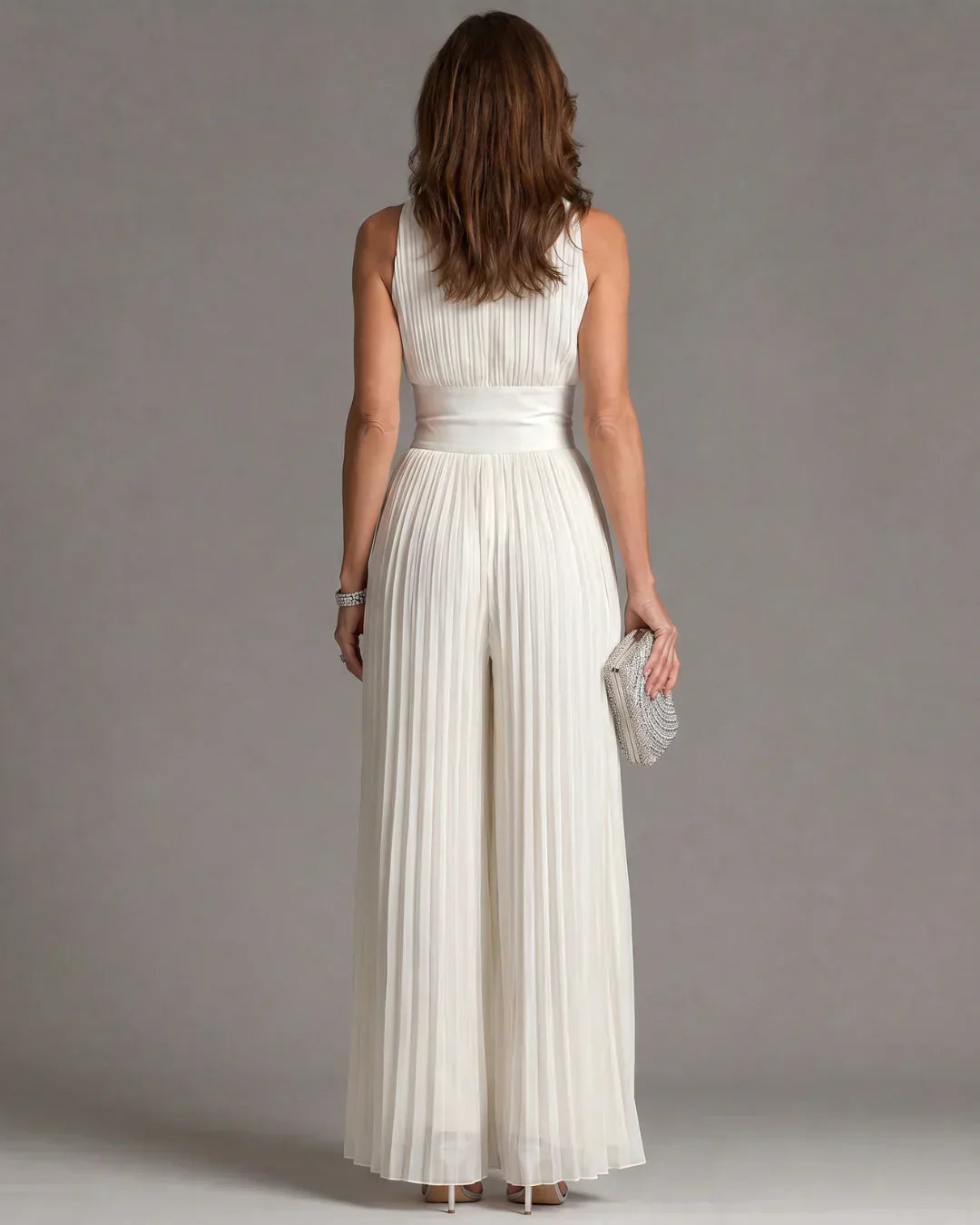 White Sleeveless Chiffon Jumpsuit with V-Neck, Zip Fastening and Pleated Wide-Leg Trousers