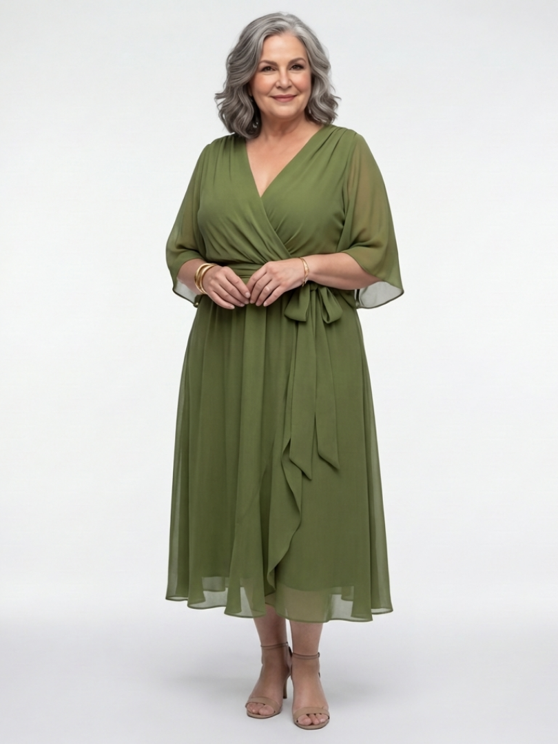 Elysia | V-Neck Draped Waist Tie Midi Dress