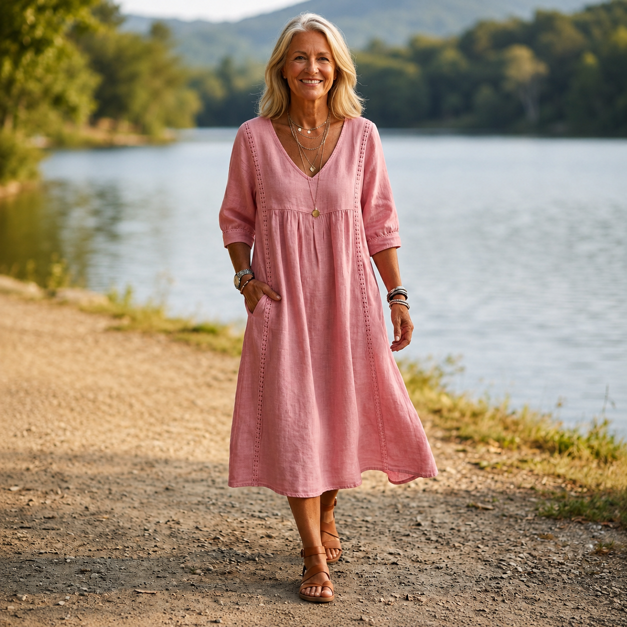 Emma | Elegant Lightweight Maxi Dress with Ruched 3/4 Sleeves