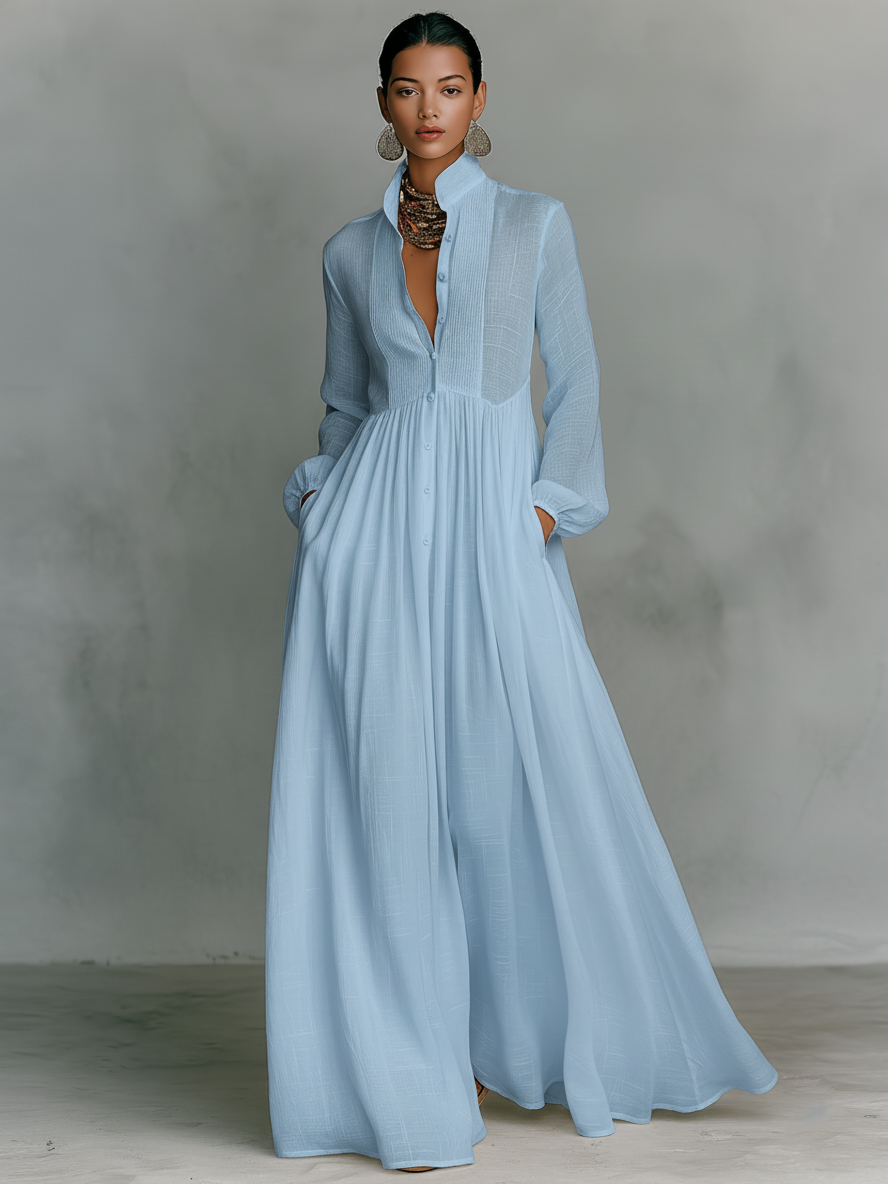 Patchwork Maxi Dress with Stand Collar