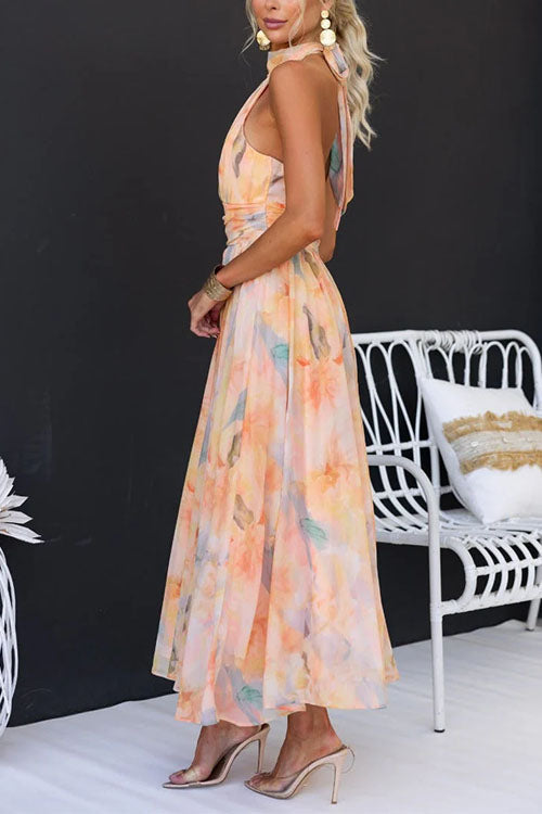 Lotte™ – Long dress with watercolour print and halterneck