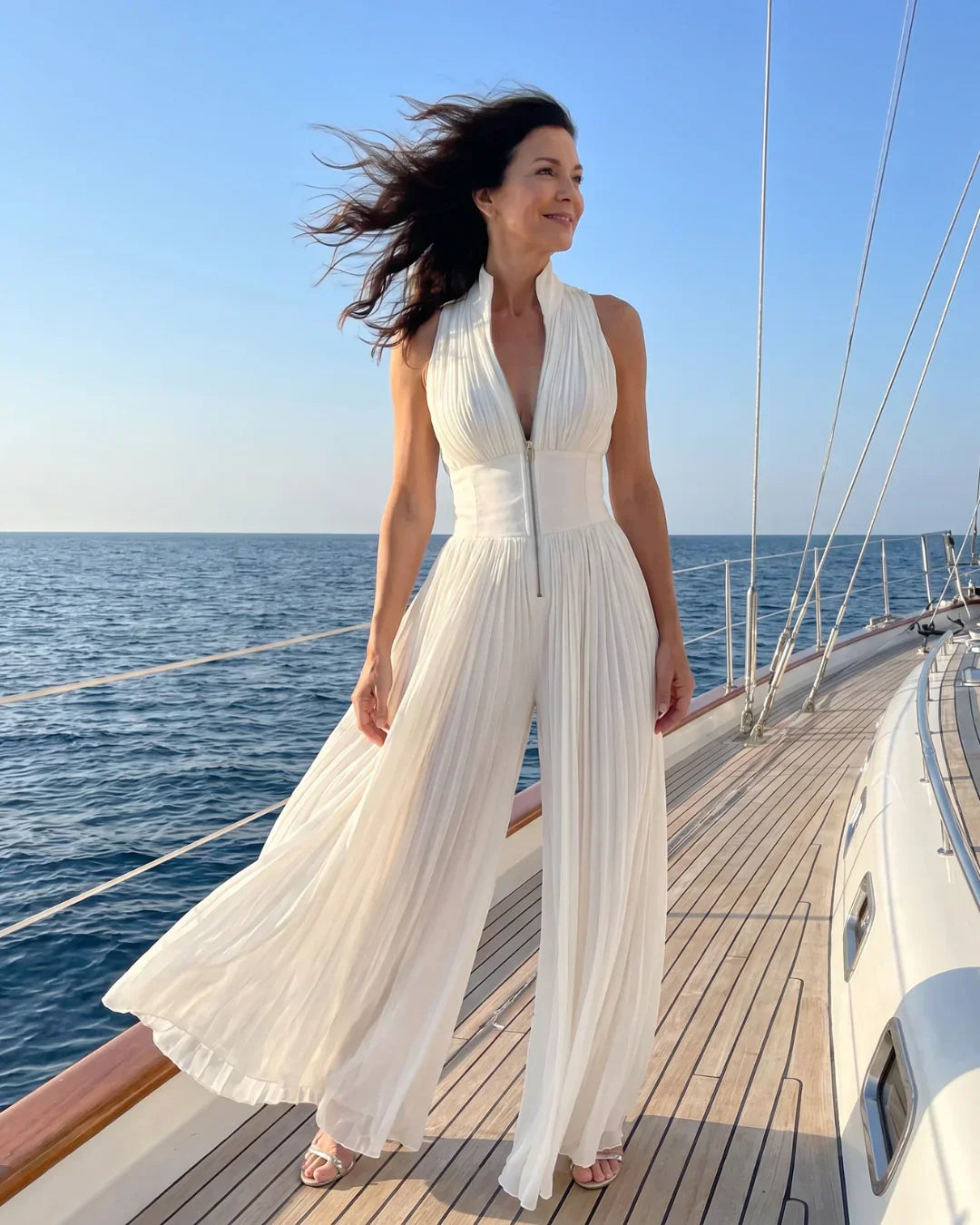White Sleeveless Chiffon Jumpsuit with V-Neck, Zip Fastening and Pleated Wide-Leg Trousers