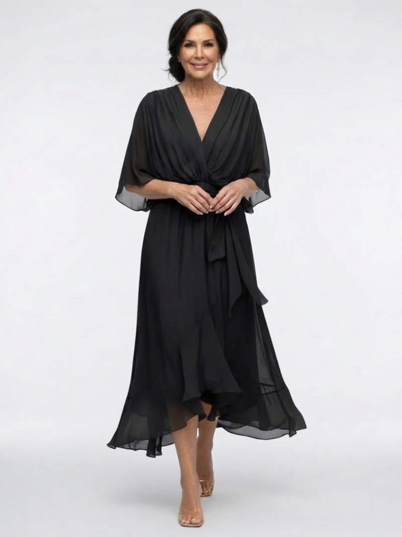 Elysia | V-Neck Draped Waist Tie Midi Dress