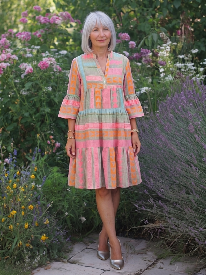 Maelle | Geometric Print V-Neck Tiered Knee-Length Dress