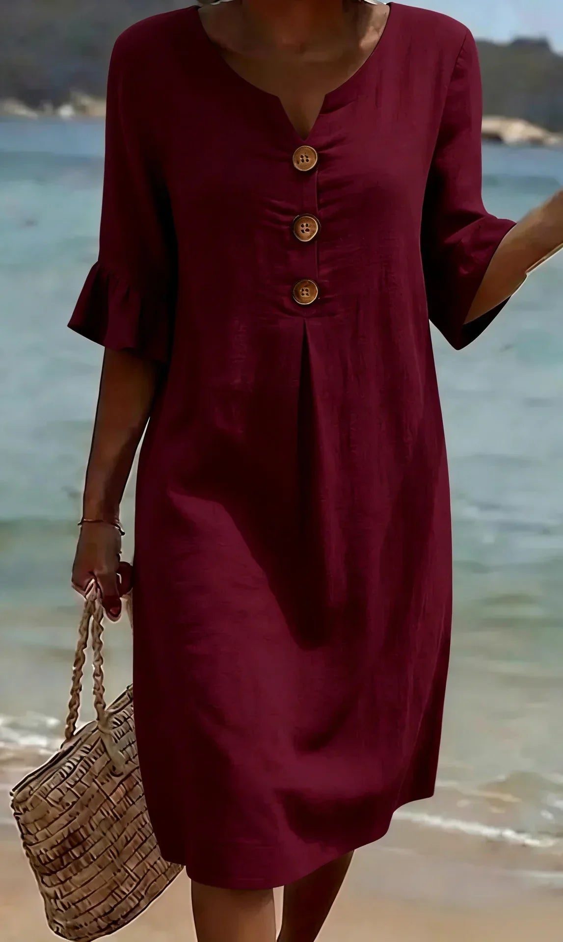 Vanesa™ – Linen-textured dress with puff sleeves and buttons