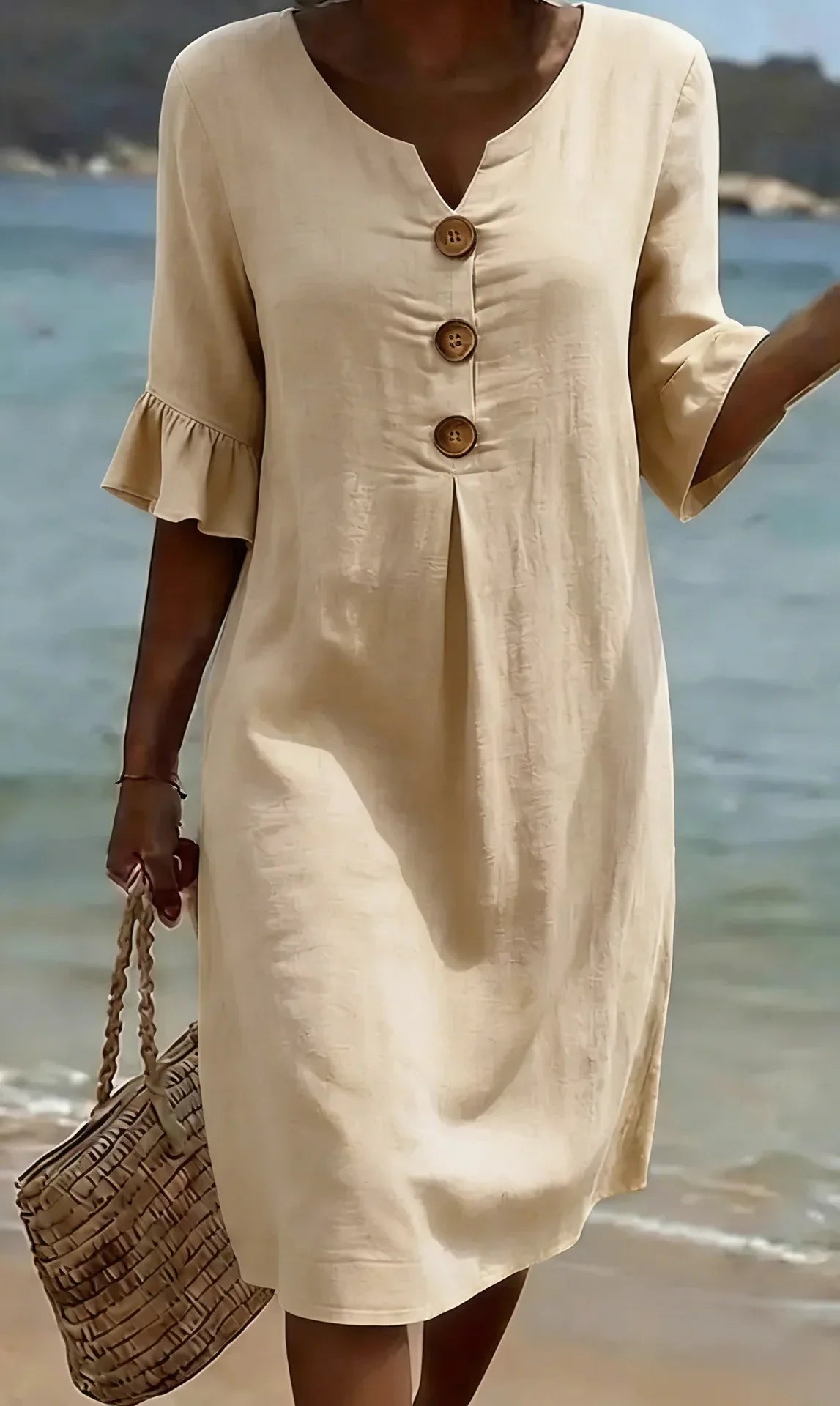 Vanesa™ – Linen-textured dress with puff sleeves and buttons