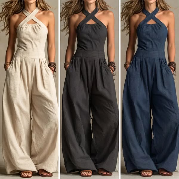 BIANCA | Linen and Cotton Jumpsuit with an Elegant Cross-Over Neckline