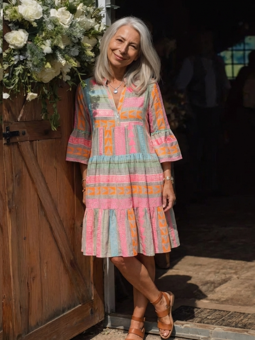 Maelle | Geometric Print V-Neck Tiered Knee-Length Dress