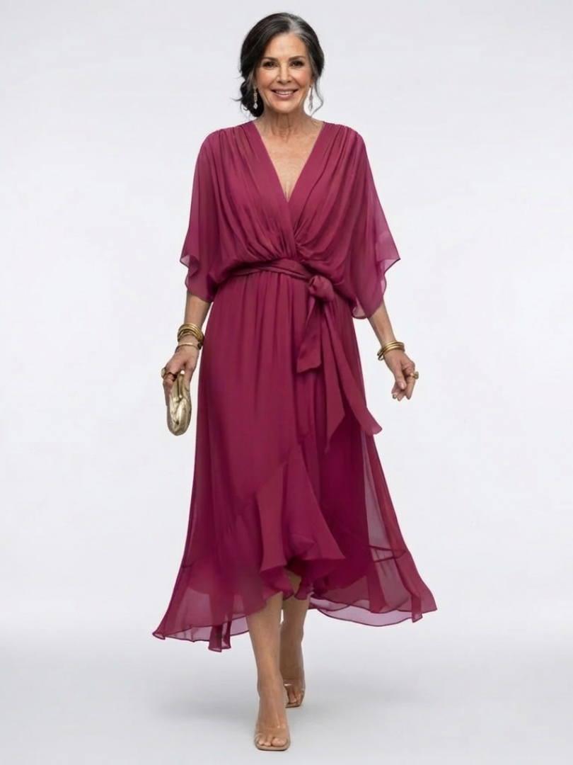Elysia | V-Neck Draped Waist Tie Midi Dress