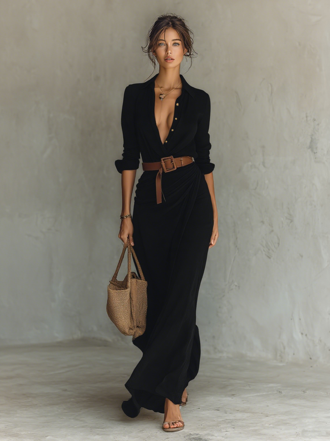 Long-sleeve maxi dress with revere collar