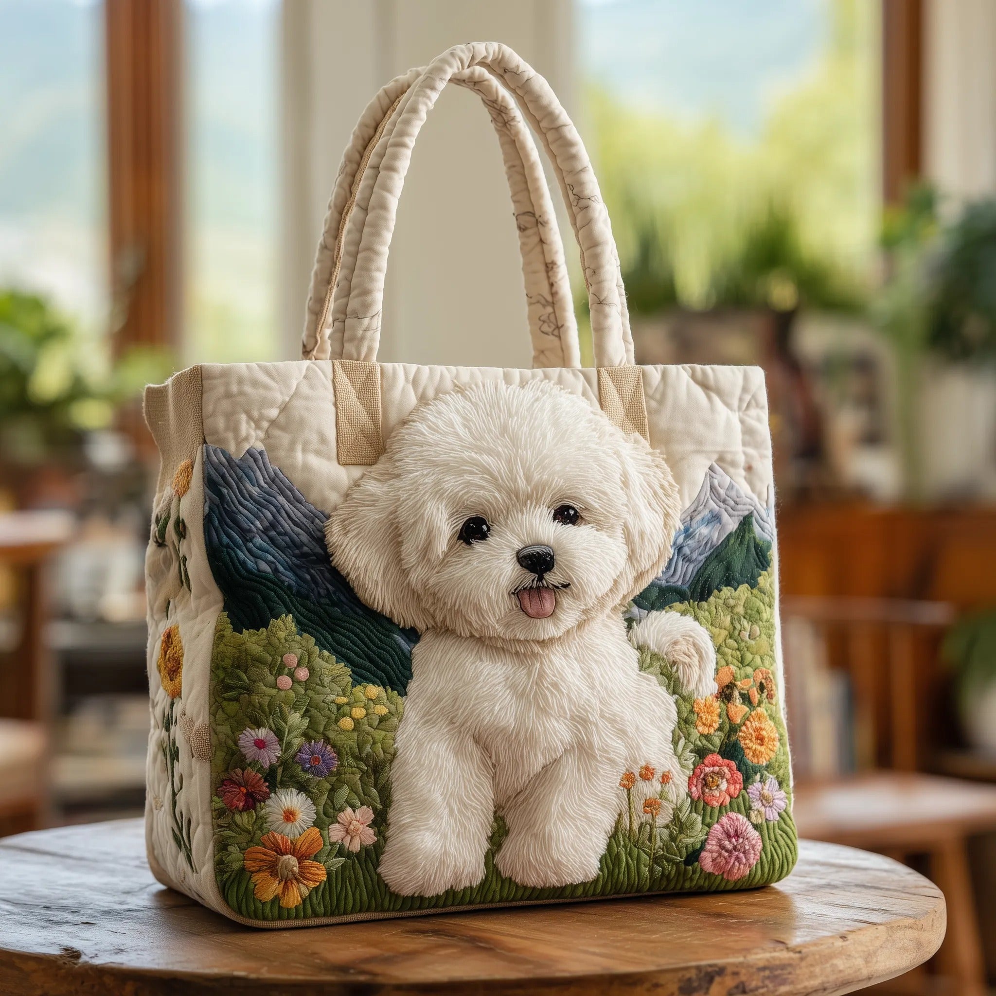 Charming Pup in Nature Scene Quilted Tote Bag