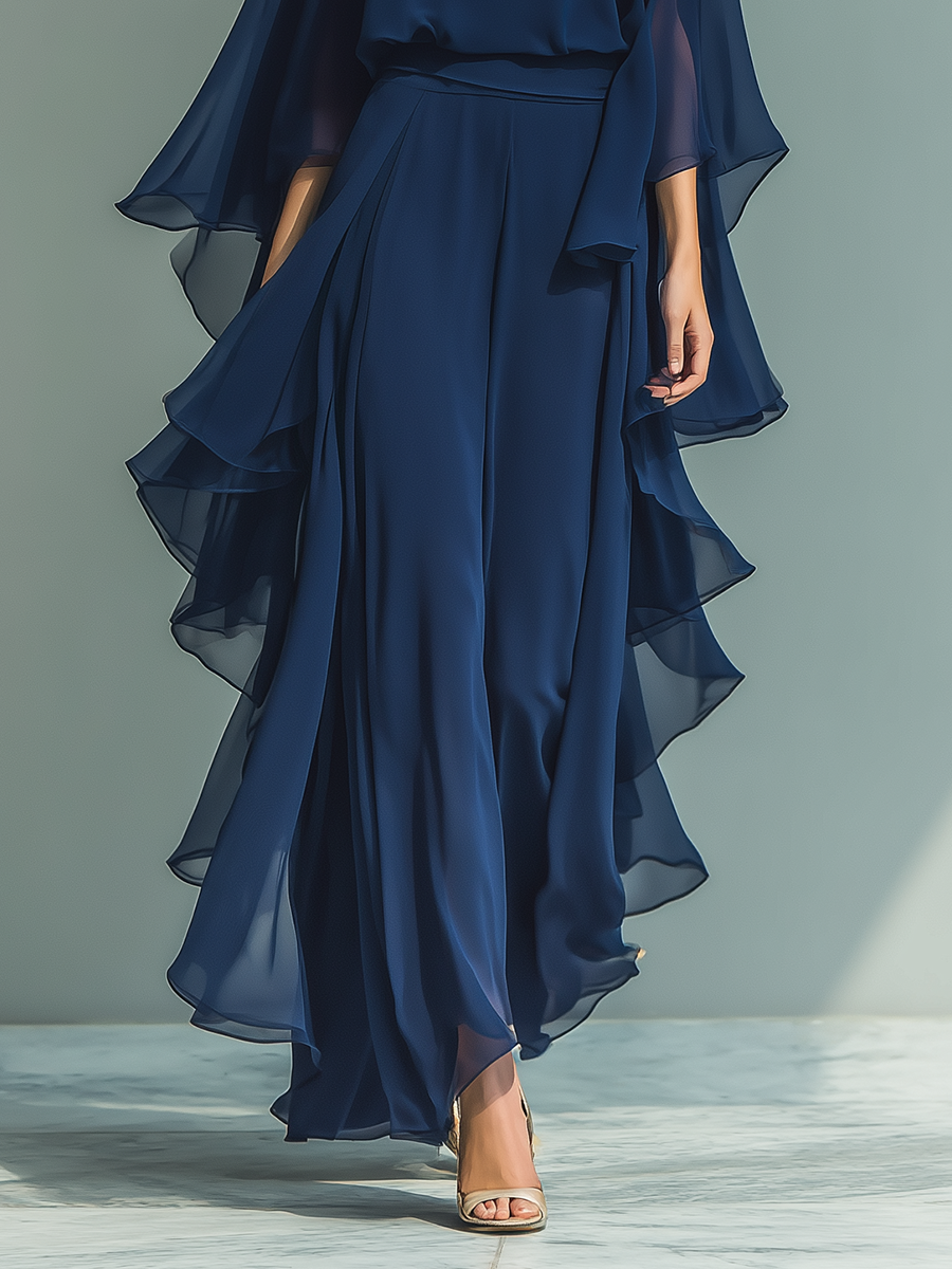 Navy Blue Chiffon Top Set with Flared Sleeves and Straight-Leg Trousers with Ruched Details