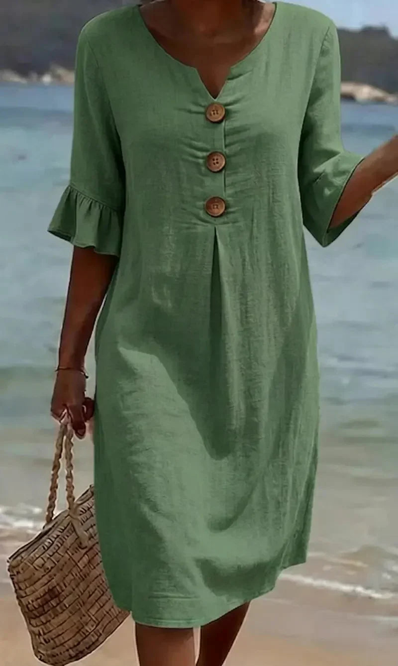 Vanesa™ – Linen-textured dress with puff sleeves and buttons