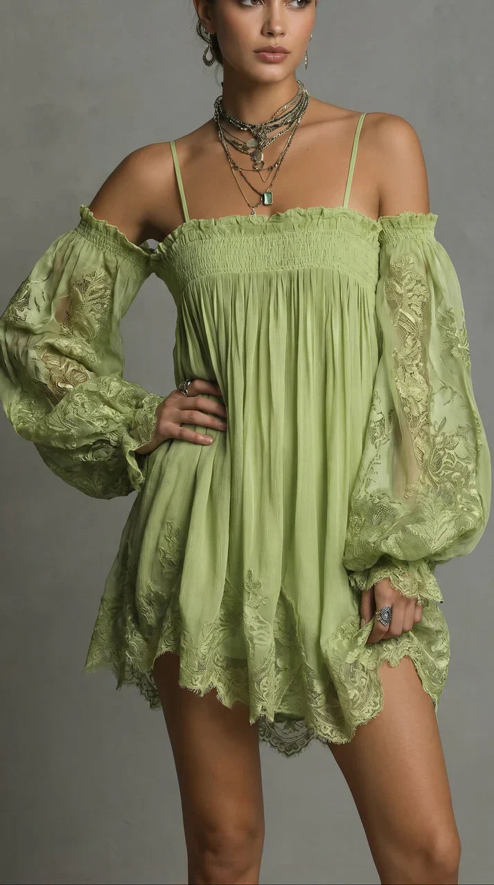 Short Chiffon Dress with Off-the-Shoulder Neckline, Lace Details and Sheer Sleeves