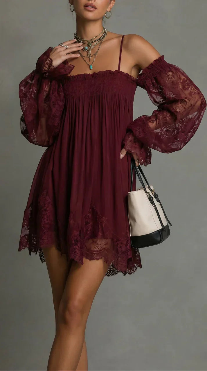 Short Chiffon Dress with Off-the-Shoulder Neckline, Lace Details and Sheer Sleeves