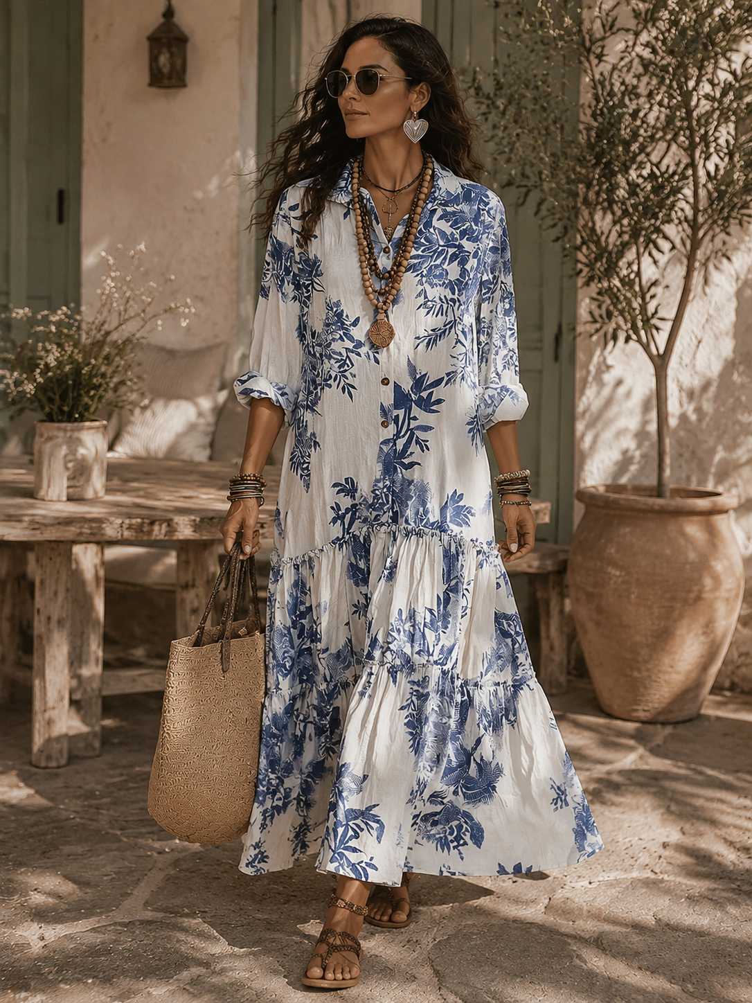 Olivia™ | Bohemian Blue Floral Button-Down Tiered Maxi Dress