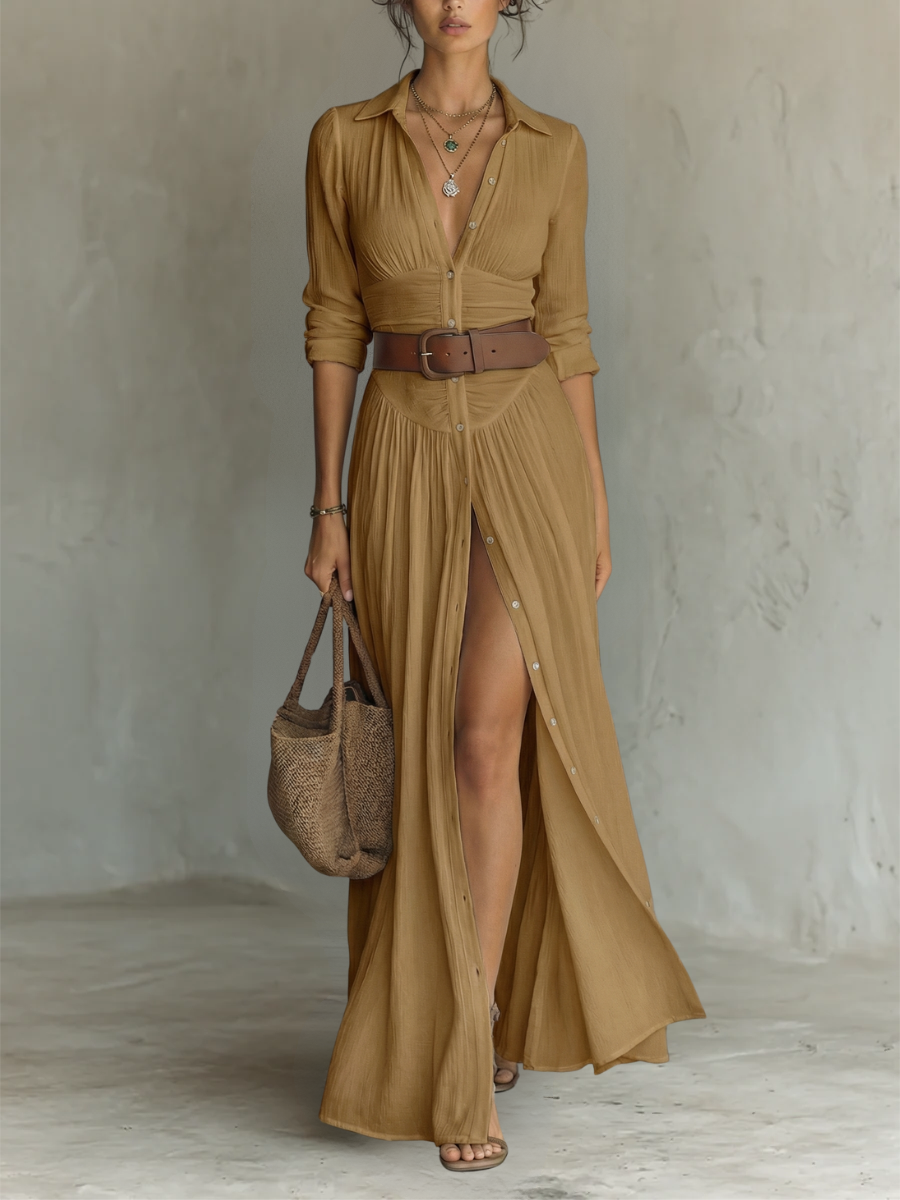 Long Linen Maxi Dress for Women with a Lapel Collar and Long Sleeves