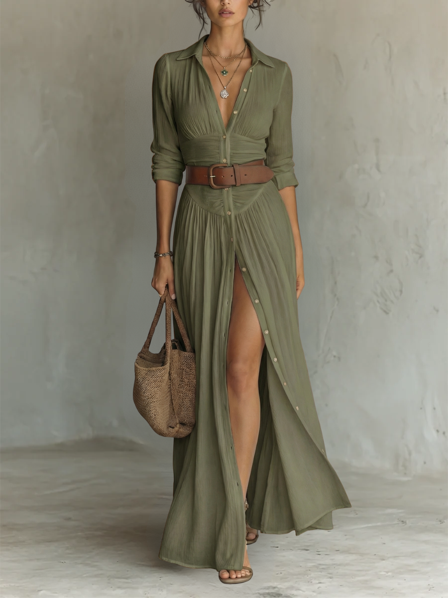 Long Linen Maxi Dress for Women with a Lapel Collar and Long Sleeves