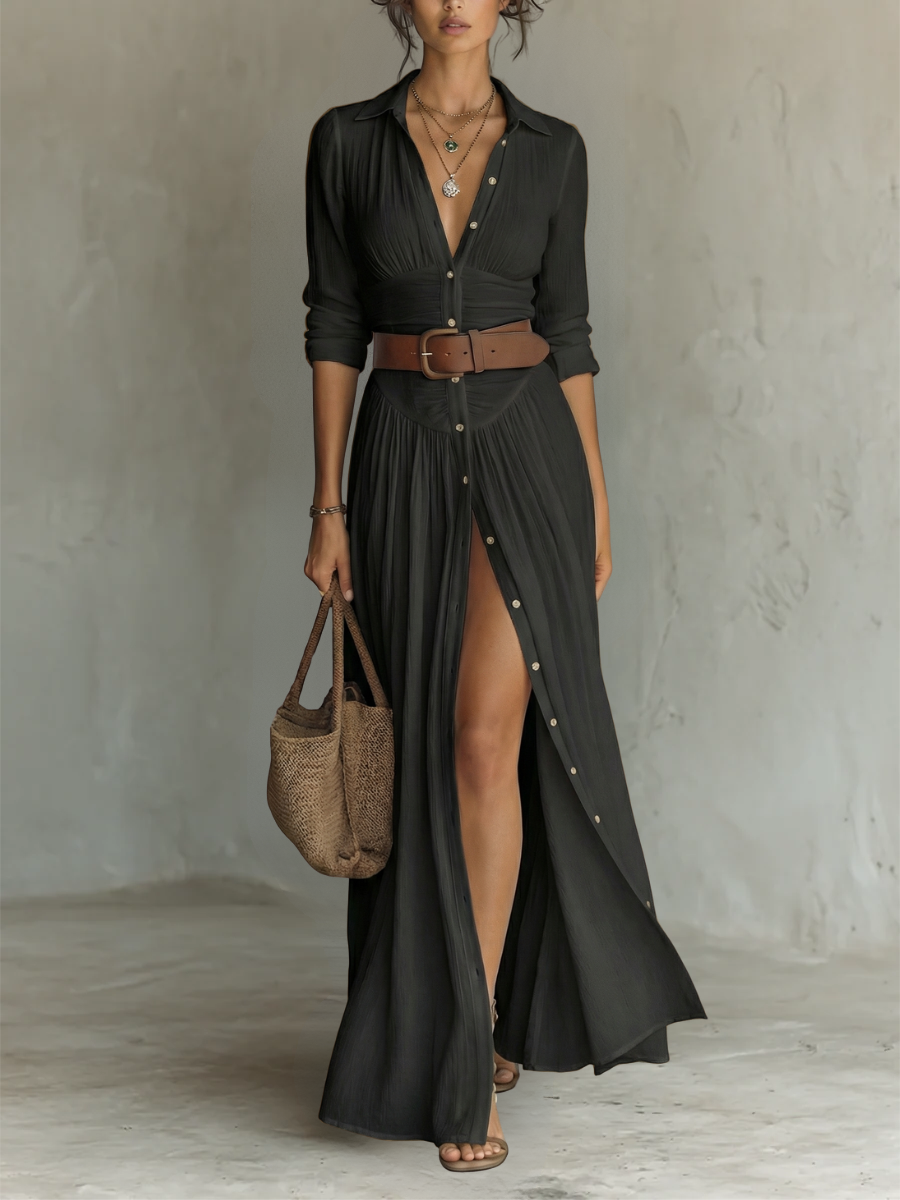 Long Linen Maxi Dress for Women with a Lapel Collar and Long Sleeves