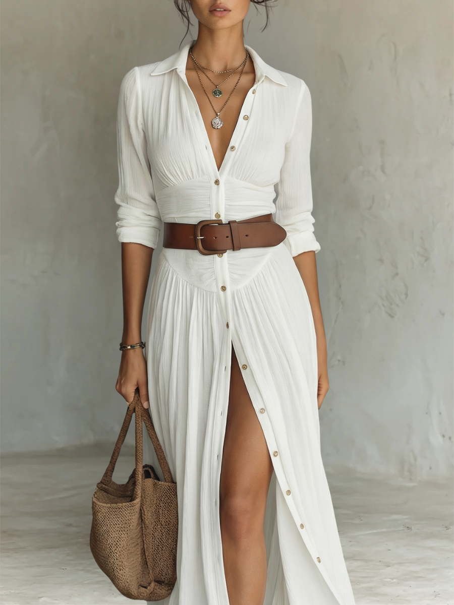 Linen long-sleeve maxi dress with revere collar